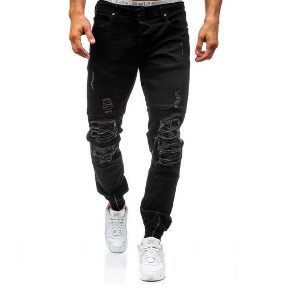 Hip Hop Vasket Menn Skinny Hole Jean