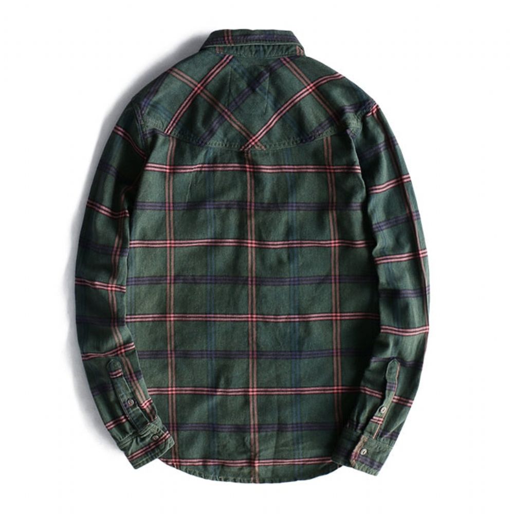 Plaid Washed Distressed Lapel Allsidig Skjorte